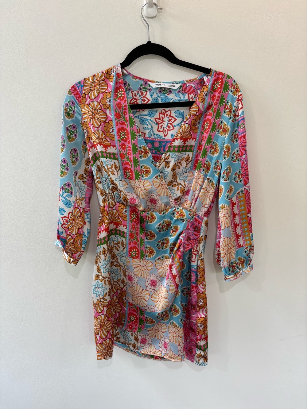 Zara patchwork satin faux wrap dress